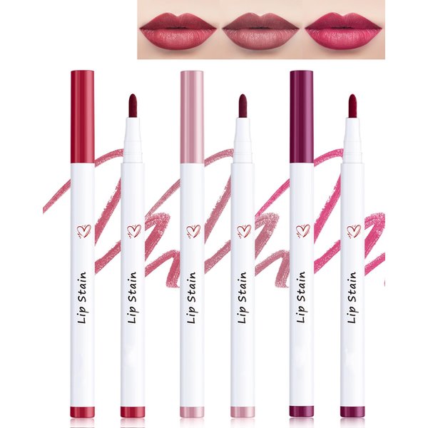 Lip Stain Marker Pen-3Pcs Hydrating Lip Tint Stain Lip Liner Tattoo Pencil,Matte Color Look,Longlasting Waterproof Non-stick Lipstain Lipgloss,Precise Chisel Tip Smooth,Makeup Set for Women-01+03+06