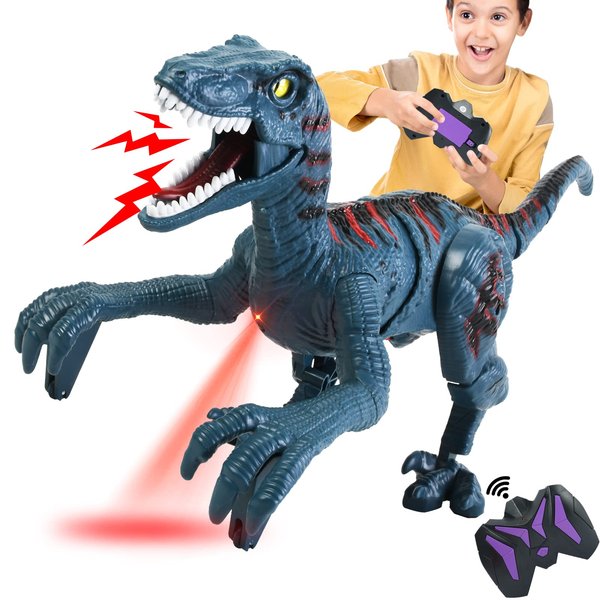 APOBATK Remote Control Dinosaur Toys for Kid - Walking Dinosaur Toys for Boys 5-7，RC Jurassic Velociraptor Toys 8-12，Robot Dinosaur 3-5 with Light Sounds Toys for Boys Age 3+ Rechargeable Blue