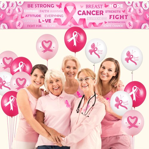 Breast Cancer Awareness Party Decorations Pink Breast Cancer Awareness Banner Yard Sign and 18 Pcs Breast Cancer Balloons for Pink Ribbon Breast Cancer Awareness Charity Party Supplies(Black Pink)