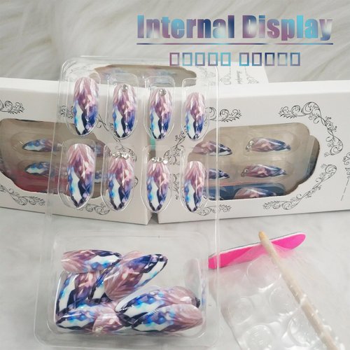 Rhinestones Press on Nails for Art with Diamond Design, Glossy Blue Gradient Medium Almond Acrylic False Nails Gel Glue on Nails Crystal Full Cover Fake Nails Stick on Nails for Women Girls 24Pcs