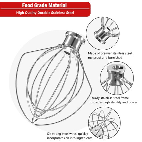 K5A Stainless Steel 6-Wire Whip Attachment for KitchenAid Bowl-Lift Mixer 5 Quart Bowl, Stainless Steel Whisk Replacement for Kitchen Aid Mixer, Dishwasher Safe, Egg Heavy Cream Beater.