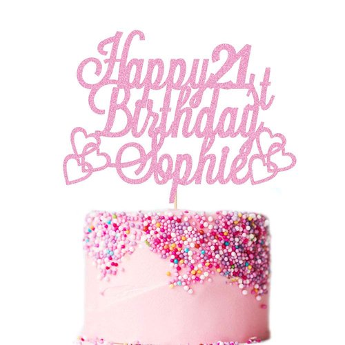 Personalized Happy Birthday Cake Topper | Custom Birthday Cake Decoration with Any Name Any Age 16 18 21 40 60 | Double Sided Glitter Card | Baby Pink