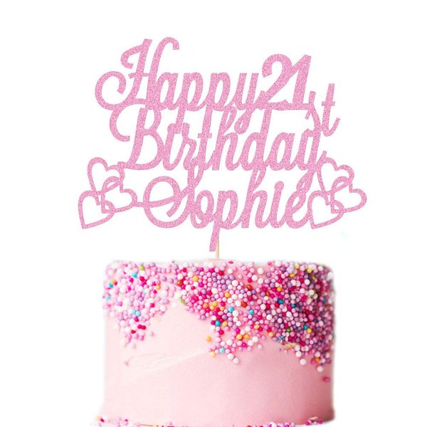Personalized Happy Birthday Cake Topper | Custom Birthday Cake Decoration with Any Name Any Age 16 18 21 40 60 | Double Sided Glitter Card | Baby Pink