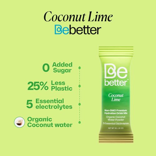 Bebetter Organic Electrolytes Powder Packets | Daily Electrolyte Drink Mix | Organic Coconut Water | No Artificial Flavors | Sugar Free Hydration Packets | Non-GMO | 22 Sticks Pack (Coconut and Lime)