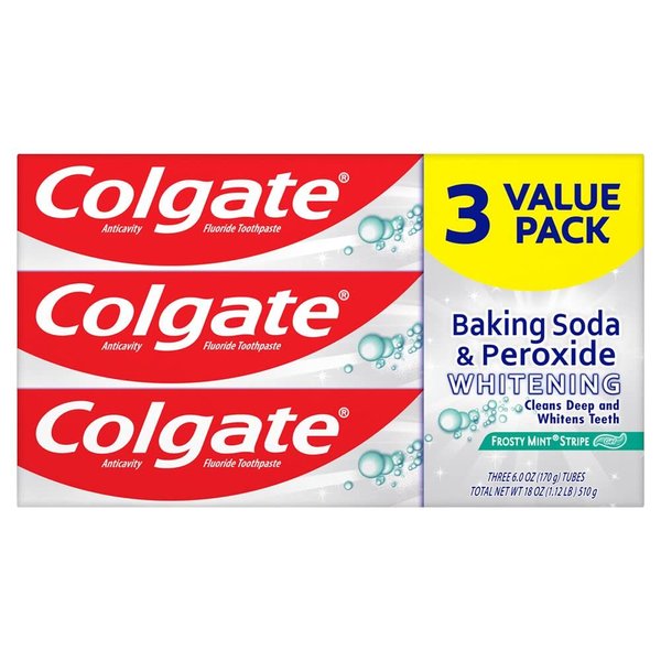 Colgate Baking Soda and Peroxide Whitening Toothpaste, Frosty Mint Stripe - 6.0 ounce (Pack of 3)