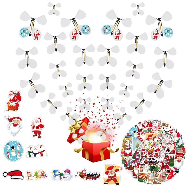 MChomely 50 Christmas DIY Stickers 12 Pc Butterfly Wind up Magic Flying Butterfly Cards Surprise Insert Toys Rubber Band Butterfly Toys for Explosion Box Colorful Bookmark Gifts (50+12PC)