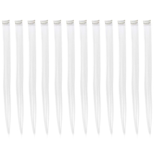 SWACC 12 Pcs Straight One Color Party Highlights Clip on in Hair Extensions Colored Hair Streak Synthetic Hairpieces (White)