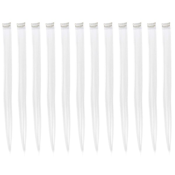 SWACC 12 Pcs Straight One Color Party Highlights Clip on in Hair Extensions Colored Hair Streak Synthetic Hairpieces (White)