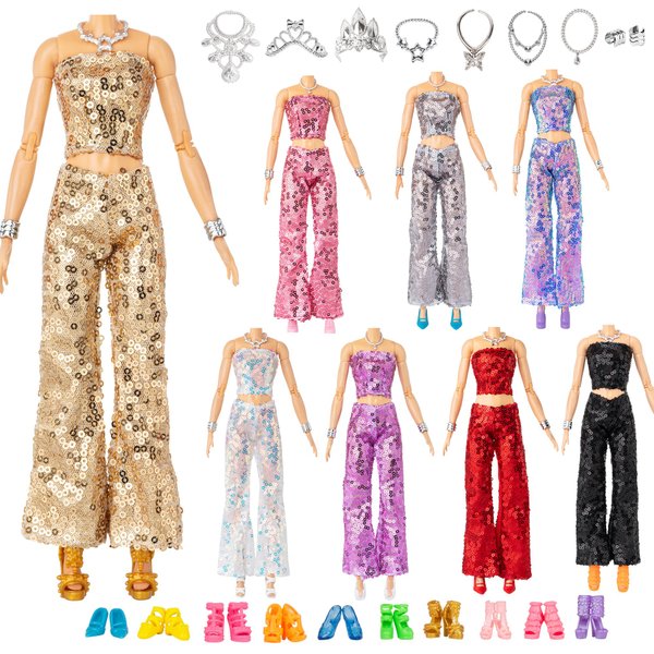Keysse Doll Clothes and Accessories - 8 Sparkly Glitter Sequin Party Suit, Fashion and Shine,10 Mini Dress,10 Jewelry, 10 Shoes, Velcro Design, Premium Quality Safe Material ,Girls Gift Age 5-7 8-10