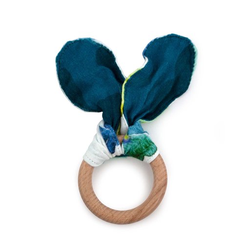 Kanga Care Baby Soft Muslin Sensory Crinkle Bunny Ear Wood Teething Ring - Clover Leaf