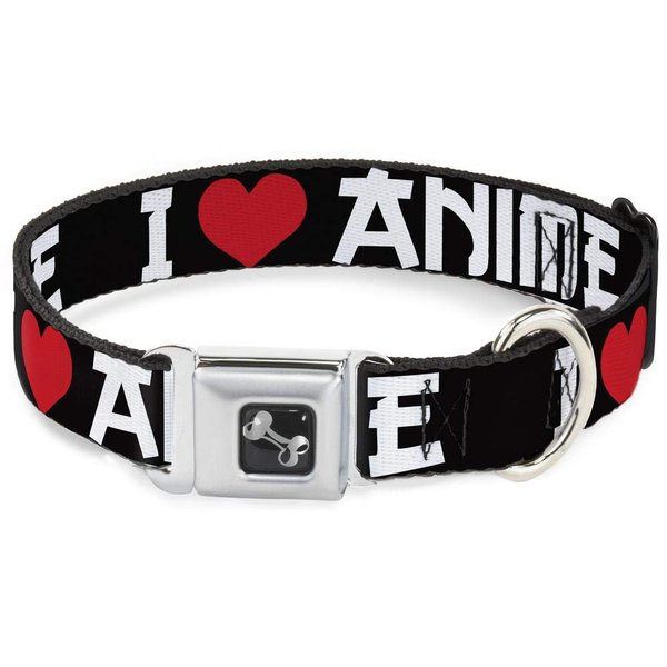 Dog Collar Seatbelt Buckle I Heart Anime Bold Black White Red 18 to 32 Inches 1.5 Inch Wide