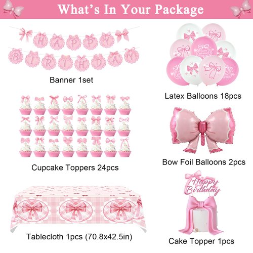 Pink Bow Birthday Party Decorations, Pink Coquette Girl Party Supplies Includes Banner,Tablecloth,Cake Cupcake Toppers, Bow Foil Balloons,Latex Ballonns for Baby Shower Bachelorette Party