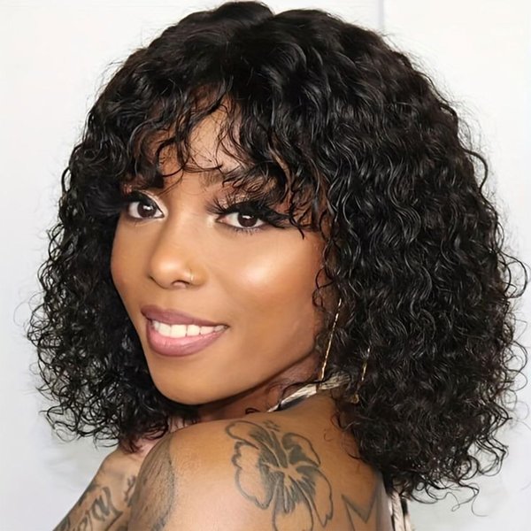 ManeMajesty Short Curly Wig with Bangs Human Hair for Black Women 3x1 HD Transparent Lace Jerry Curl Short Bob Wigs Wear and Go Glueless Wig Brazilian Virgin Human Hair Natural Color 10 inch