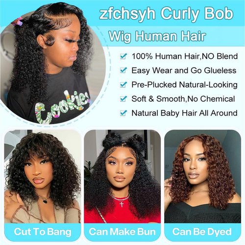 Zfchsyh Curly Bob Wig Human Hair 13x4 Deep Curly Lace Front Wigs Human Hair For Black Women Glueless HD Lace Front Wigs Human Hair Pre Plucked with Baby Hair Natural Hairline