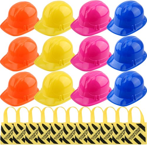 24 Pcs Construction Themed Party Supplies Include 12 Pcs Construction Party Hats and 12 Pcs Tote Bags for Kids Construction Party Goodie Bags Dress Up Favors