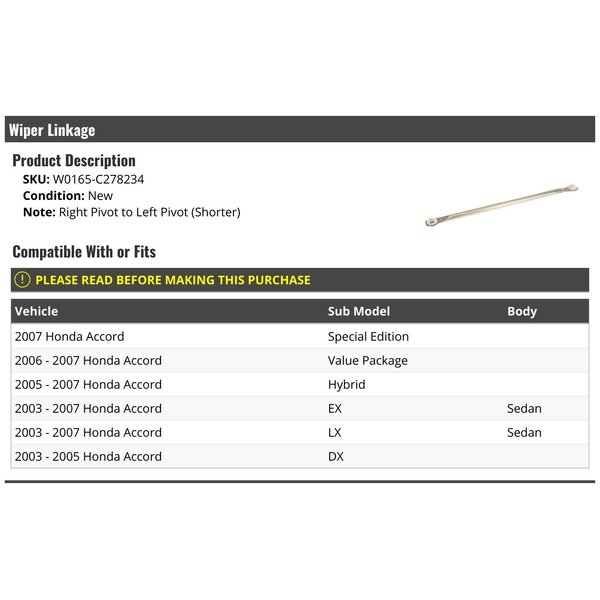 Windshield Wiper Linkage - Compatible with 2003-2007 Honda Accord Sedan