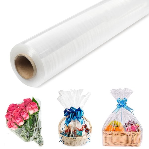 Wrap Junky 3mm Thick Cellophane Roll | 31.5” x 100 ft (Unfolded Size) Folded to 15.7” | Clear Cellophane Wrap Roll for Gift Baskets | Plastic Wrap for Food, Flower, Craft & Christmas Wrapping Paper