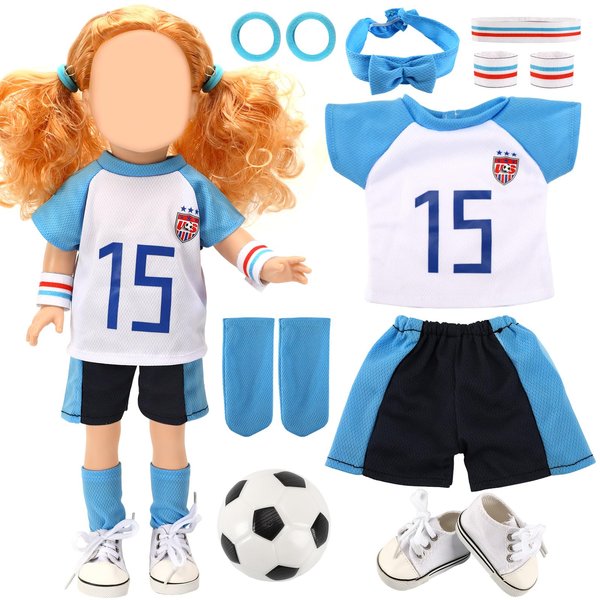 UPINS 18 Inch Girl Doll Clothes Accessories Team USA 8 Piece Soccer Uniform Clothing Includes Headband, Hair Bands Bracers Shirt Shorts Socks Shoes and Football Fits 18 inch Doll for Children's Day