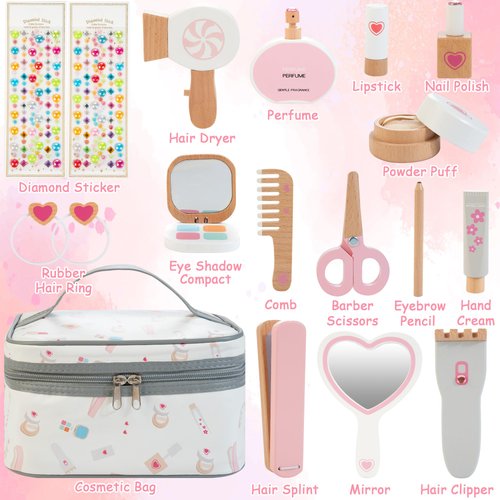 Amtreen Kids Makeup Kit for Girl, Pretend Play for Toddlers 3-5 Wooden Makeup Toy Set, 18 PCS Hair Salon Toys Gifts for 3 4 5 Year Old