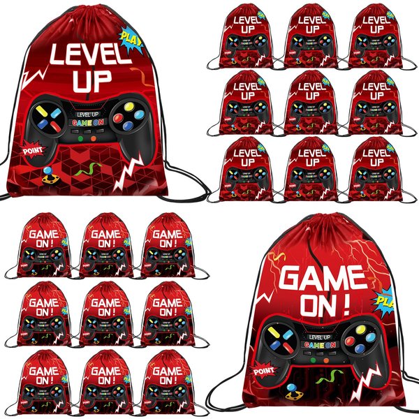 Eccliy 20 Pcs Video Game Party Drawstring Bags 12 x 10 Inch Gaming Party Gift Bag Birthday Party Supplies for Boys Adult(Red,Lively Style)