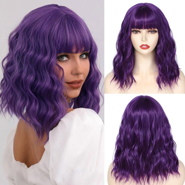 noxozoqm Dark Purple Wig with Bangs for Women Short Bob Loose Wavy Wig Curly Wavy Shoulder Length Bob Synthetic Cosplay Wig for Girl Colorful Costume Wigs