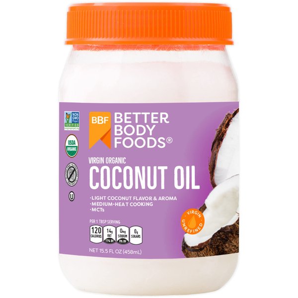 BetterBody Foods Organic Unrefined Coconut Oil - Natural Hair and Skin Moisturizer and Cooking Oil - Light Aroma and Flavor - Butter Alternative - 15.5 Fl Oz