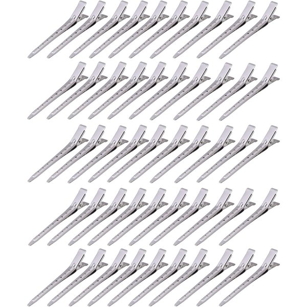 50 Pieces Single Prong Hair Clips, BetterJonny Silver Section Hair Clips 3.54 Inches Curl Clips 8 Holes Metal Alligator Clips Hair Pins for Hair Salon Hair Extensions