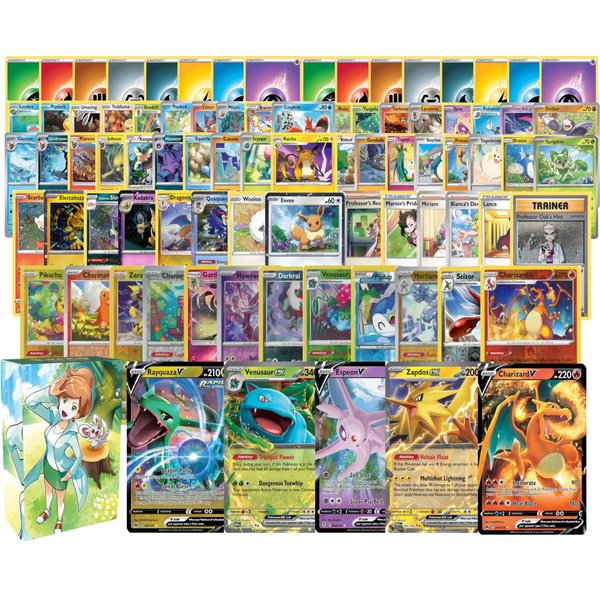 Pokemon: 100 Assorted Card Bundle - with Foils and 5 Ultra Rare (V, GX, EX) Variety - Official Pokemon TCG Deck Box Included
