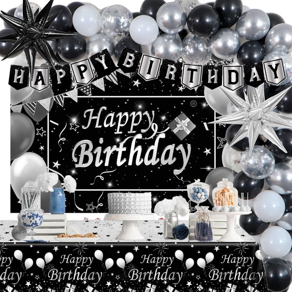 Silver and Black Birthday Decorations for Men Women Boys Girls 80 PCS White Black and Silver Party Decorations Happy Birthday Backdrop Banner Confetti Star White Silver Black Balloon Arch Tablecloth