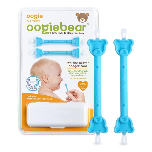 oogiebear: Baby Nose Cleaner & Ear Wax Removal Tool - Safe Booger & Earwax Removal for Newborns, Infants, Toddlers - Dual-Ended - Essential Baby Stuff, Diaper Bag Must-Have, 2 Pack Blue with CASE