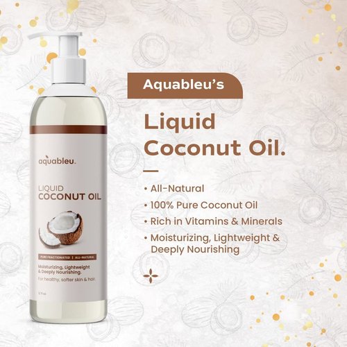 Aquableu Fractionated Liquid Coconut Oil - 100% Pure and All-Natural - Moisturizing, Lightweight and Deeply Nourishing - Promotes Healthy, Softer Skin & Hair - Hydrating - 12 oz