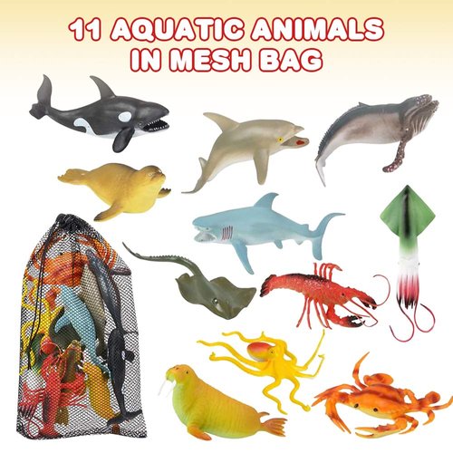 ArtCreativity Aquatic Animal Assortment in Mesh Bag, Pack of 11 Sea Creature Figurines in Assorted Designs, Bath Water Toys for Kids, Ocean Life Party Décor, Party Favors for Boys and Girls