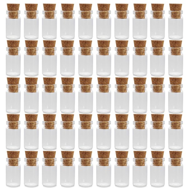 Mini Tiny Clear Glass Jars Bottles with Cork Stoppers for Arts & Crafts, Projects, Decoration, Party Favors - Size: 18mm x 10mm Diameter (50 Pack)