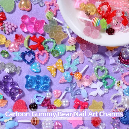 3D Candy Nail Charms, Lollipop Gummy Bears Candy Nail Charms, Multi Shapes and Colors Bows Heart Star Rose Flowers Hollow Pearls Nail Charm, Assorted Cartoon Nail Charms for Nail Art DIY Decor