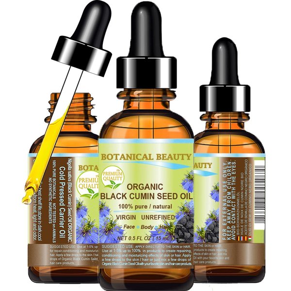 Botanical Beauty ORGANIC BLACK CUMIN SEED OIL Nigella sativa 100% Pure Natural Virgin Undiluted 0.5 Fl.oz.- 15 ml for Face, Skin, Hair, Lip, Nails. Rich in Vitamin C, vitamin E