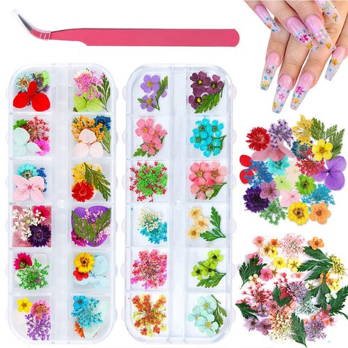 2 Boxes Dried Flowers for Nail Art, KISSBUTY 24 Colors Dry Flowers Mini Real Natural Flowers Nail Art Supplies 3D Applique Nail Decoration Sticker for Tips Manicure Decor (Daffodil Hydrangea Leaf)