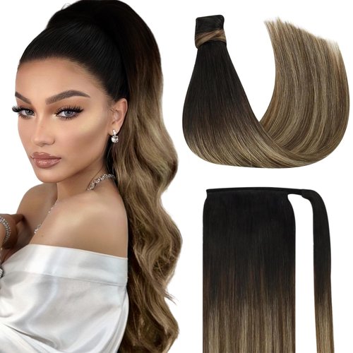 Ve Sunny Ponytail Extension Ombre Clip in Ponytail Hair Extensions Natural Black Ombre Dark Brown with Highlight Caramel Blonde Human Hair Ponytail Black Comfortable Wear 80g 16inch