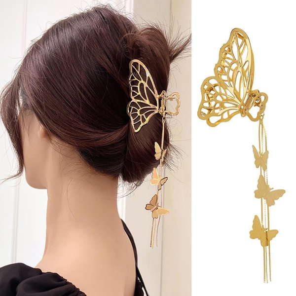 Butterfly Hair Claw Clips - 1 Pack Metal Gold Hair Clips with Butterfly Tassel Elegant Design Hollow No Slips Hair Clamp Clips for Thin or Thick Hair Butterfly Hair Accessories for Women Hair Styling