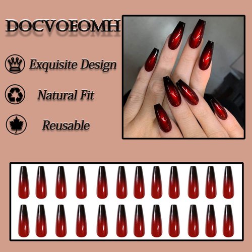 DOCVOEOMH Red and Black Gradient Press on Nails Long Coffin Fake Nails Glossy Glue on Nails Acrylic Stick on Nails False Nails for Women 24PCS