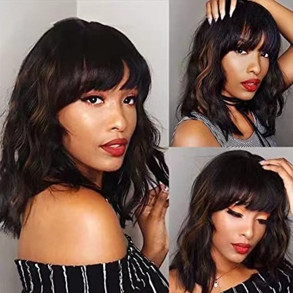 Fronweek Synthetic Curly Bob Wig with Bangs for Women Loose Wavy Wig Curly Wavy Shoulder Length Synthetic Heat Resistant Bob Wigs Cosplay Wig for Girl Colorful Costume Wigs (14inch, black mix brown)
