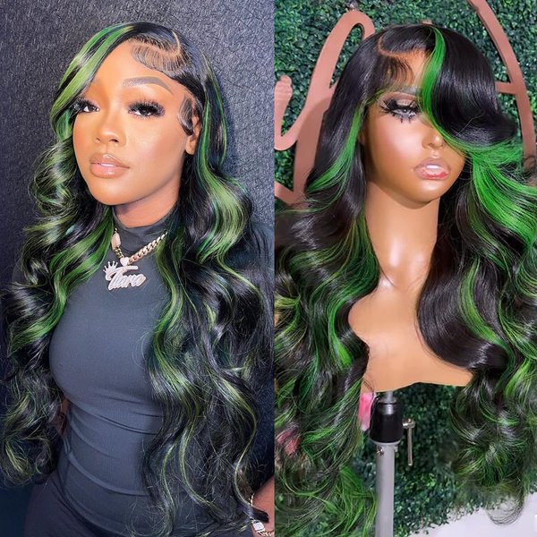 BLG Highlight Green Glueless Wigs Human Hair Pre Plucked 180% Density 13X6 HD Lace Front Wigs Human Hair Body Wave Human Hair Wigs for Black Women (28 Inch,Highlight Green 13x6 Lace Front Wigs)