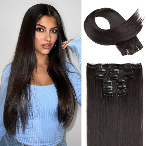 FLUFYMOOZ 6PC Clip in Hair Extensions 24" Straight Long Extensions for Women Synthetic Hairpiece (Black Brown)