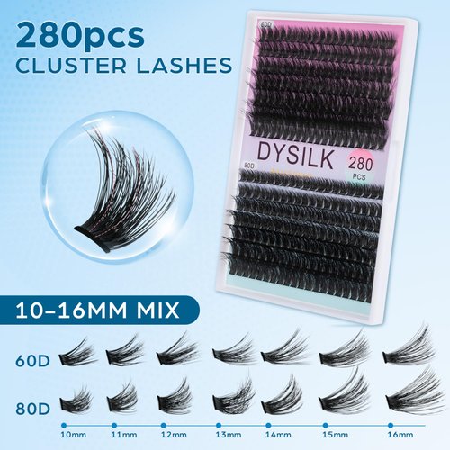 DYSILK Lashes Clusters Individual Lashes - Fluffy Lash Clusters 280pcs DIY Lash Extension Mink Eyelash Clusters Wispy 10-16mm Volume Lash Clusters C Curl Reusable (60D+80D-Fluffy-10-16mm Mix)