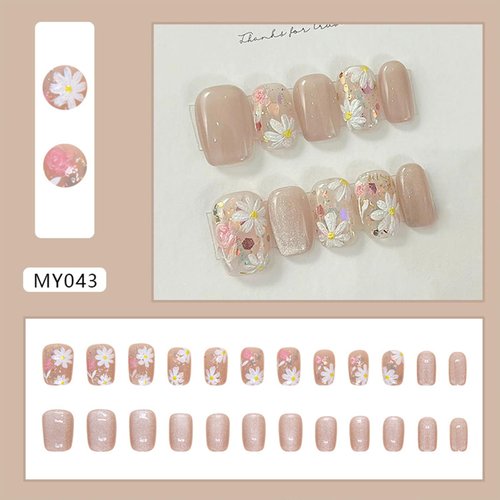 Tyuimhx Cat Eye Press on Nails Coffin Short Fake Nails Spring False Nails With Flowers Glitter Designs Full Cover Stick on Nails Acrylic Floral Artificial Nails for Women Girls Glue on Nails 24Pcs