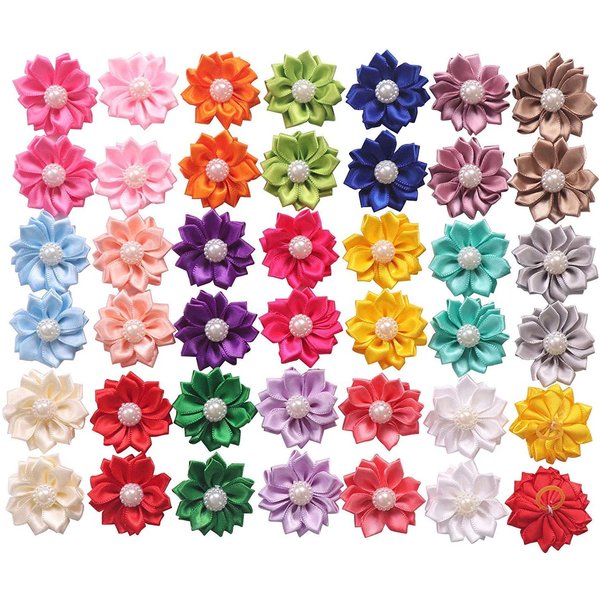 YAKA 40PCS(20Paris) Cute Dog Hair Bows with Rubber Bands Pearls Flowers Topknot Dog Bows Pet Grooming Products 20 Colors