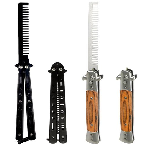 2 PCS Butterfly Comb Stainless Steel and Wood Grain folding beard combs Foldable Pocket Comb For Beard, Mustache,Scalp Hair,Salon Beauty Tool