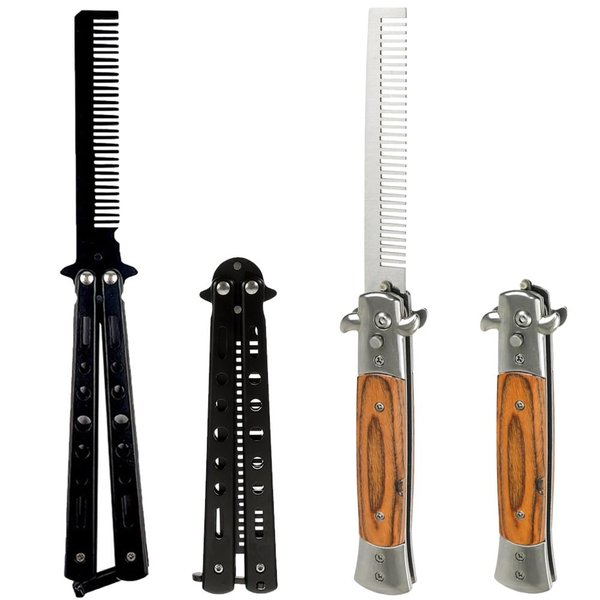 2 PCS Butterfly Comb Stainless Steel and Wood Grain folding beard combs Foldable Pocket Comb For Beard, Mustache,Scalp Hair,Salon Beauty Tool