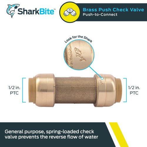 SharkBite 1/2 Inch Check Valve, Push to Connect Brass Plumbing Fitting, PEX Pipe, Copper, CPVC, PE-RT, HDPE, U2008-0000LFA