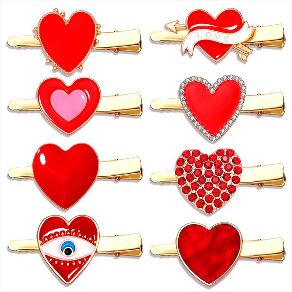 CEALXHENY 8PCS Heart Hair Clips for Women Girls Valentine's Red Heart Hairpins Gifts (8PCS Various Clip)
