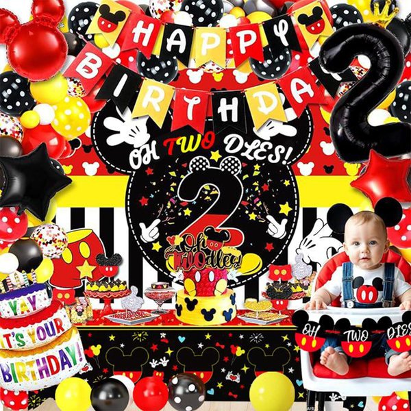 132pcs Oh Twodles Birthday Party Supplies Boy, Red Mouse 2nd Birthday Decorations Supplies, Balloons Arch Banner Backdrop Tablecover Cake Topper for Black Mouse Themed Boy 2 Years Old Birthday